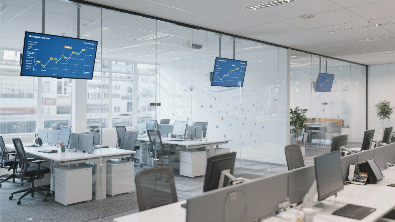 Modern finance office in Braunschweig featuring collaborative workstations, transparent walls and digital screens showing structured governance timelines
