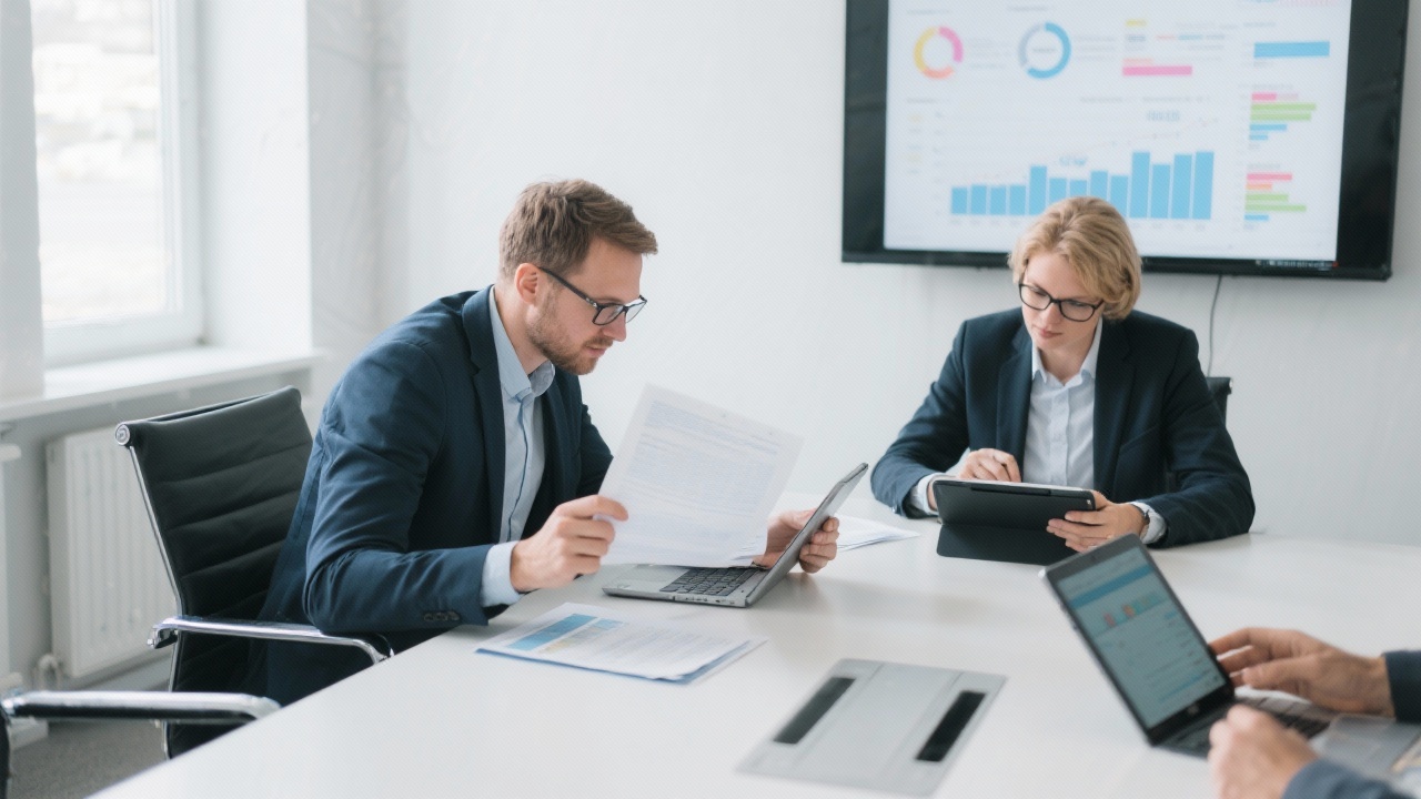 Two finance professionals in Braunschweig reviewing compliance documents and liquidity projections across multiple devices inside a bright meeting room