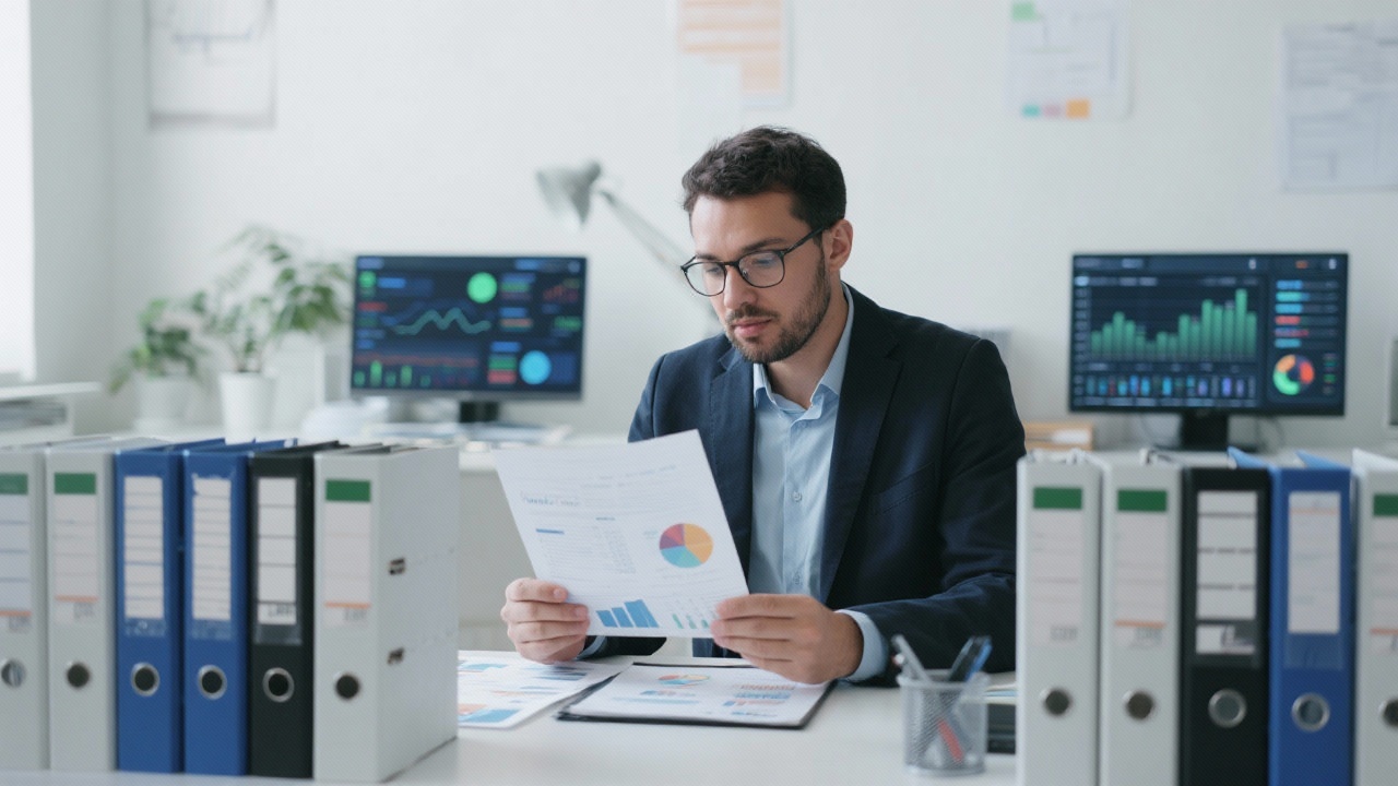 Small medium enterprise finance manager studying management reports surrounded by organized binders and digital dashboards in a calm office