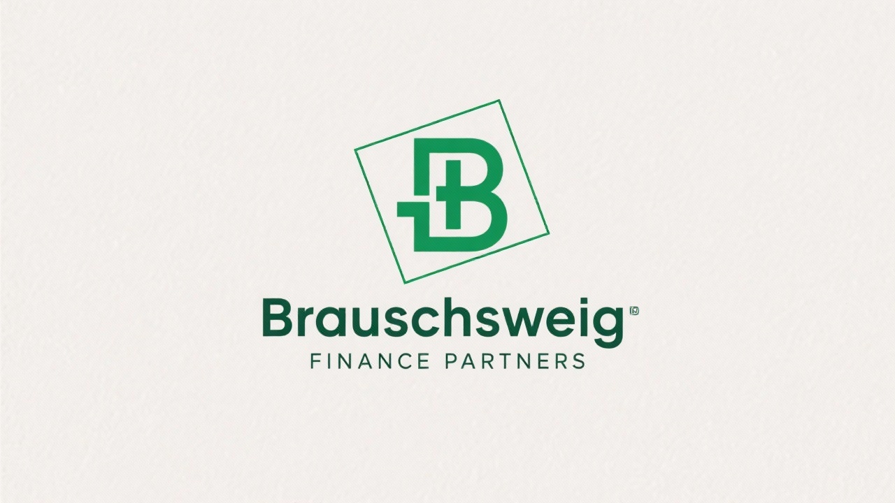 Minimalistic logotype of Braunschweig Finance Partners with emerald initials inside a geometric frame on an off-white background symbolizing clarity
