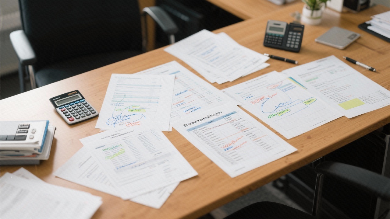 Financial documents spread across a wooden desk with annotations, calculators and compliance checklists ready for review in a Braunschweig office
