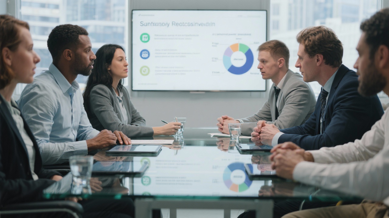 Finance workshop participants discussing sustainability indicators and governance guidelines around a glass conference table with digital tablets